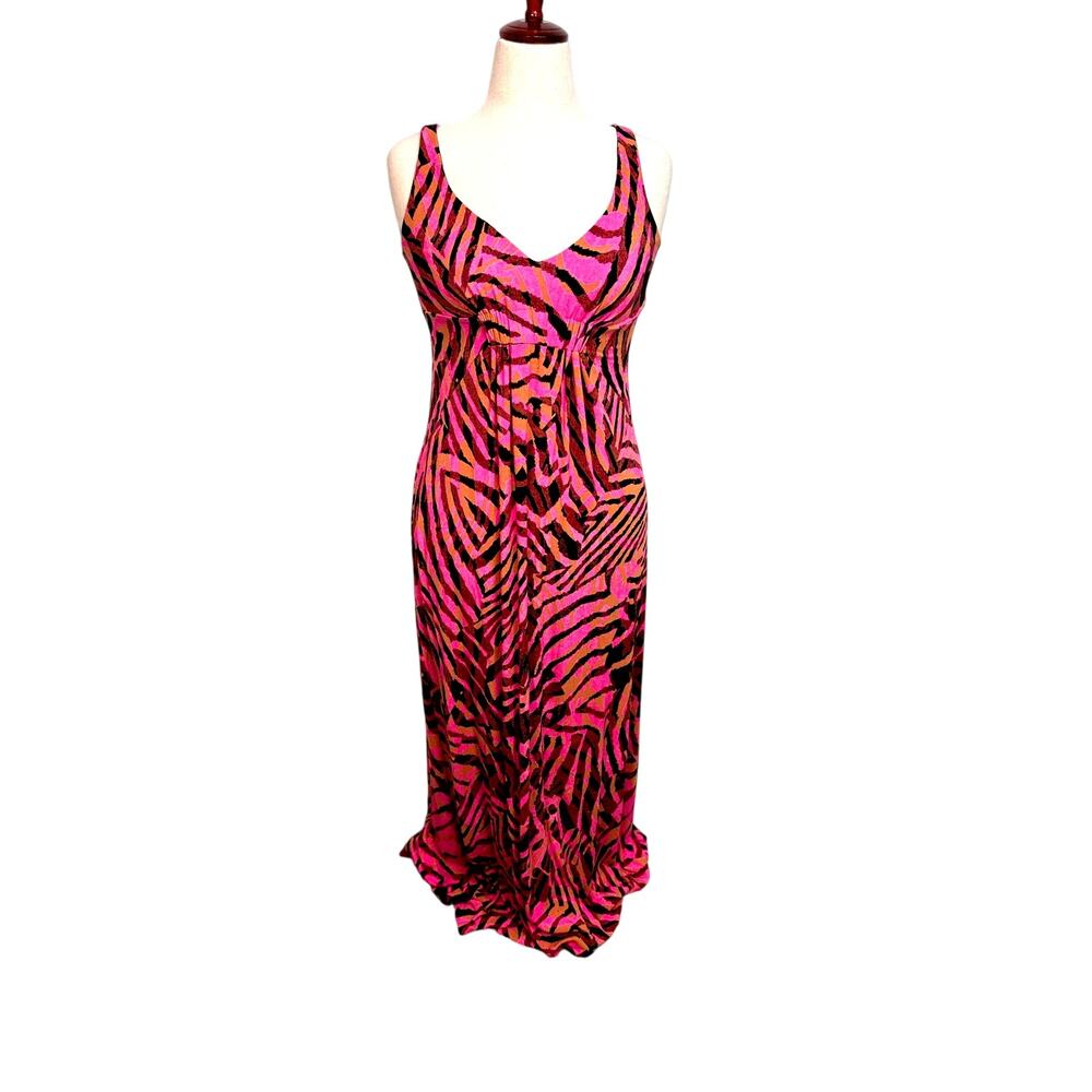 Cabi vintage maxi dress sleeveless empire waist pink black brown print knit Sz M